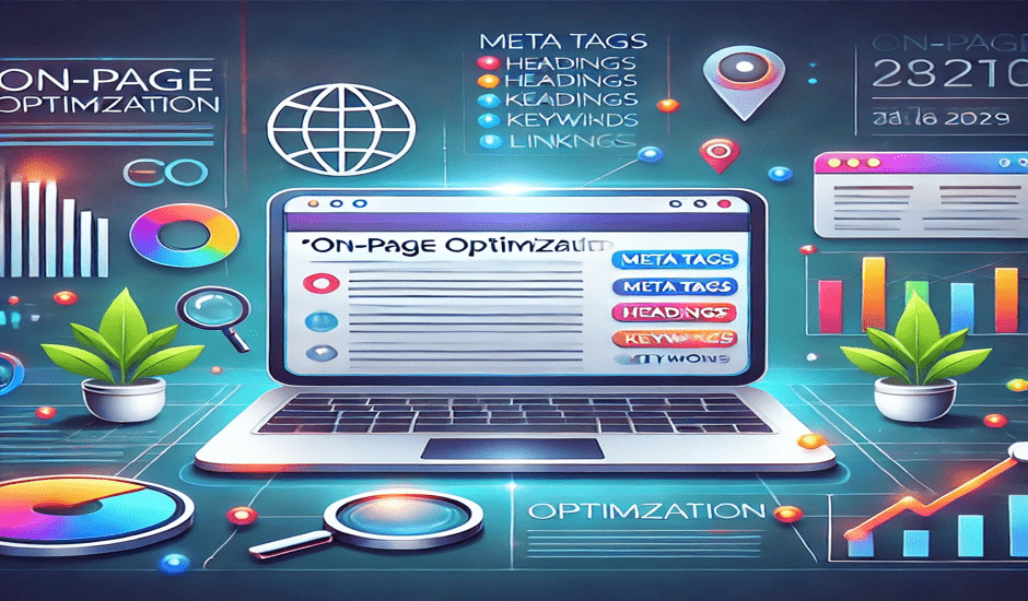 Illustration of On-Page Optimization in SEO with a laptop displaying headings, meta tags, keywords, and internal links