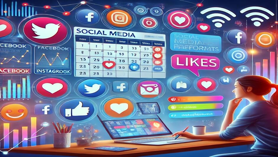 Affordable social media marketing services show a digital dashboard with multiple platform icons, scheduling posts, and engaging with followers.