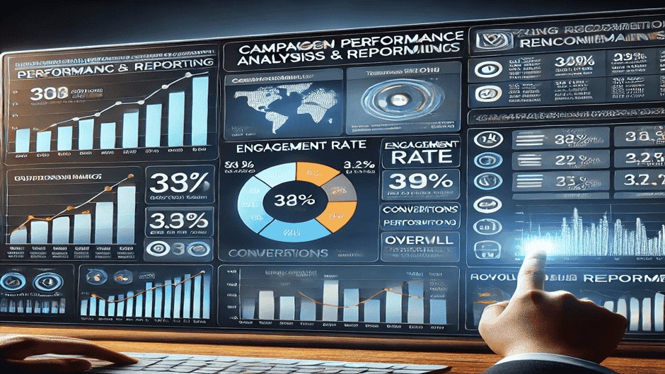 Analysis & Reporting dashboard showing campaign performance metrics, engagement rates, and actionable insights.