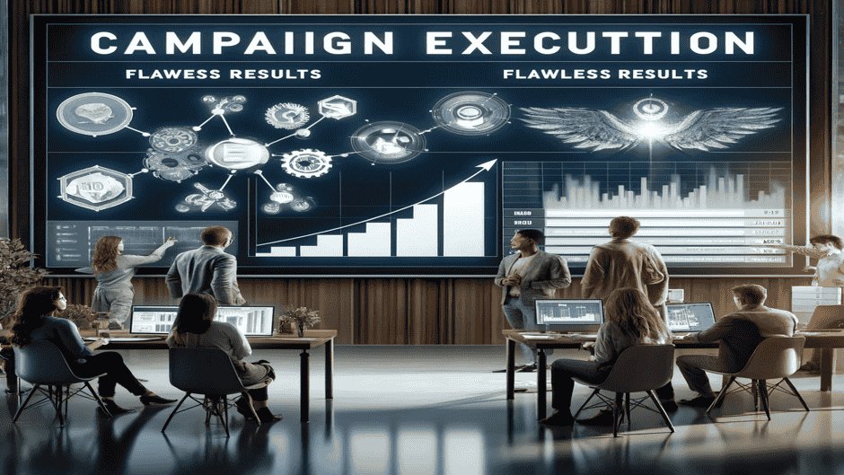 Campaign execution team managing strategic planning, scheduling, and delivery for flawless results in a marketing campaign.