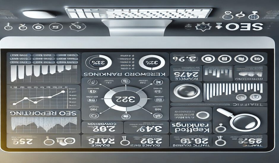 Clear reporting SEO dashboard displaying traffic sources, keyword rankings, conversion rates, and SEO metrics with graphs and charts on a computer screen.