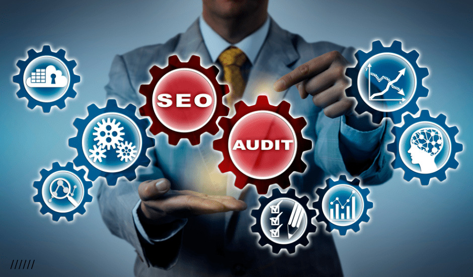 Complete SEO Audit concept with gears and business analytics for website optimization.