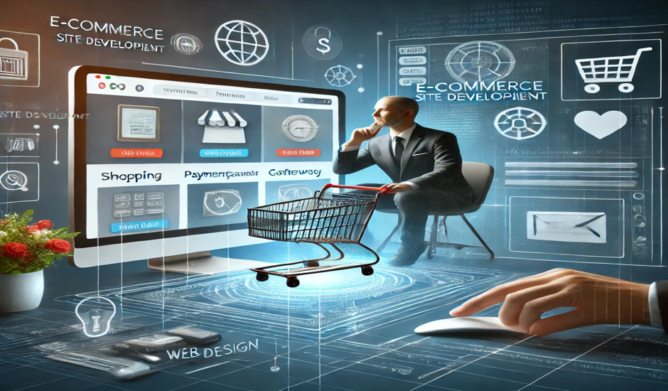 A detailed illustration of e-commerce site development, featuring a businessperson analyzing an online store interface, shopping cart, payment gateway, and web design icons.