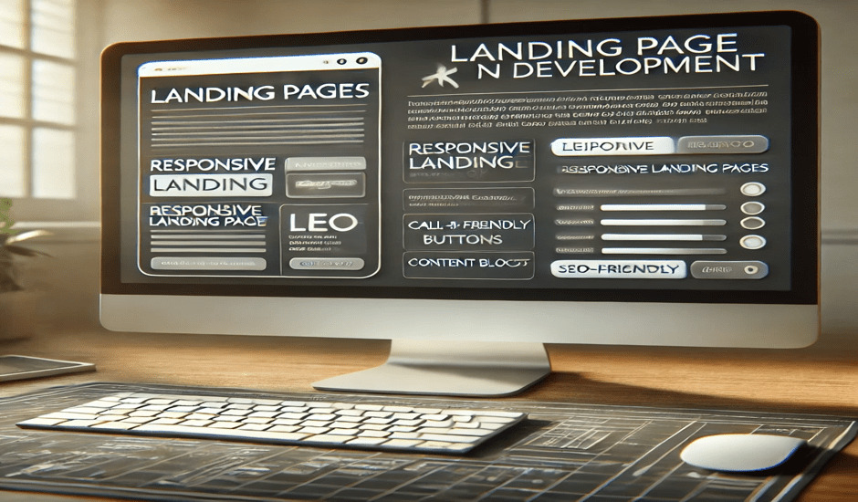 Landing page development services displayed on a computer screen with responsive and SEO-friendly layout.