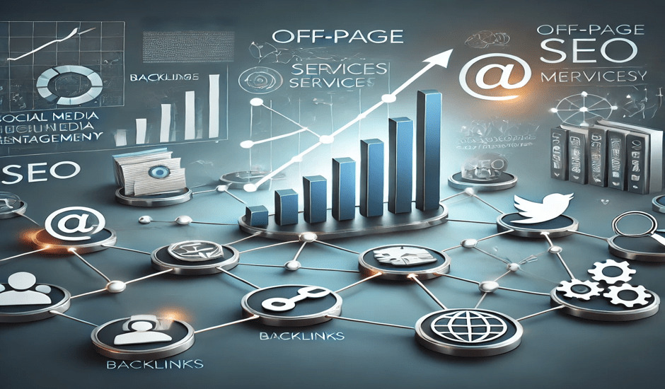 Visual representation of Off Page SEO techniques, including backlinks, social media engagement, and services.