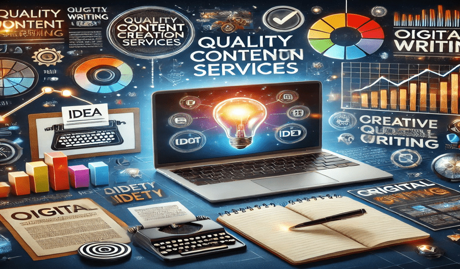 Illustration showcasing professional content writing services with tools like a laptop, notebook, and creative charts to represent quality content creation.