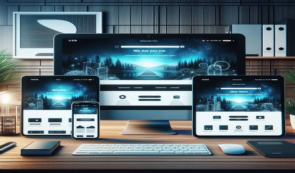 Responsive web design is displayed on multiple devices, including desktop, tablet, and mobile, showcasing a seamless and adaptive user experience.