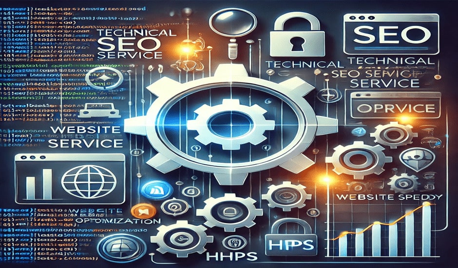 A visual representation of Technical SEO Service showing website optimization elements like gears, HTML code, security icons, and performance tools to improve search engine ranking and site performance.