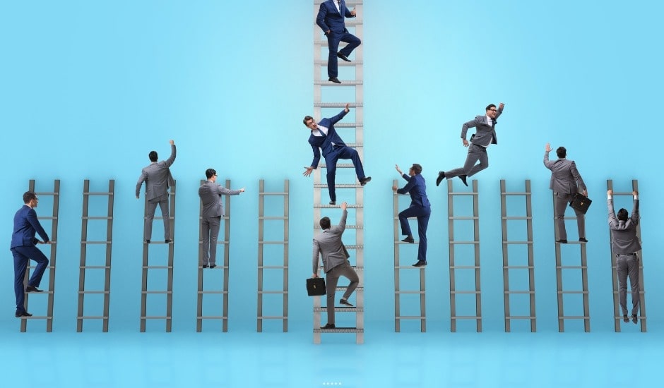 Business professionals are climbing ladders at different heights, symbolising competitive analysis in the market and the varying levels of success among competitors.