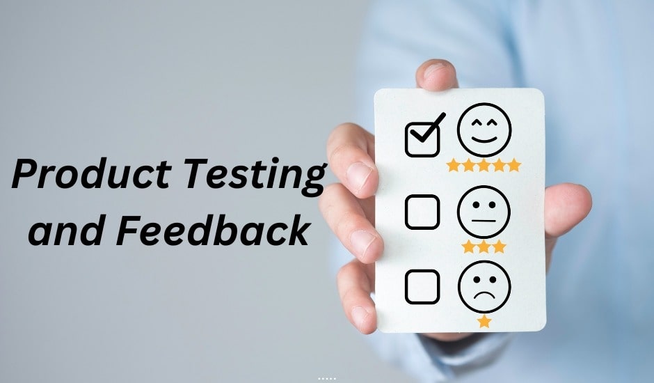 A hand holding a card with customer feedback options showing happy, neutral, and sad faces with corresponding star ratings, representing product testing and feedback.